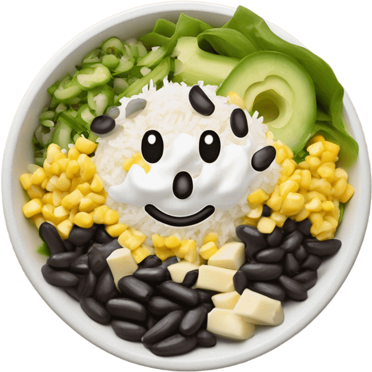 white rice black beans corn jalapeños green peppers mushrooms lettuce and sour cream salad bowl emoji