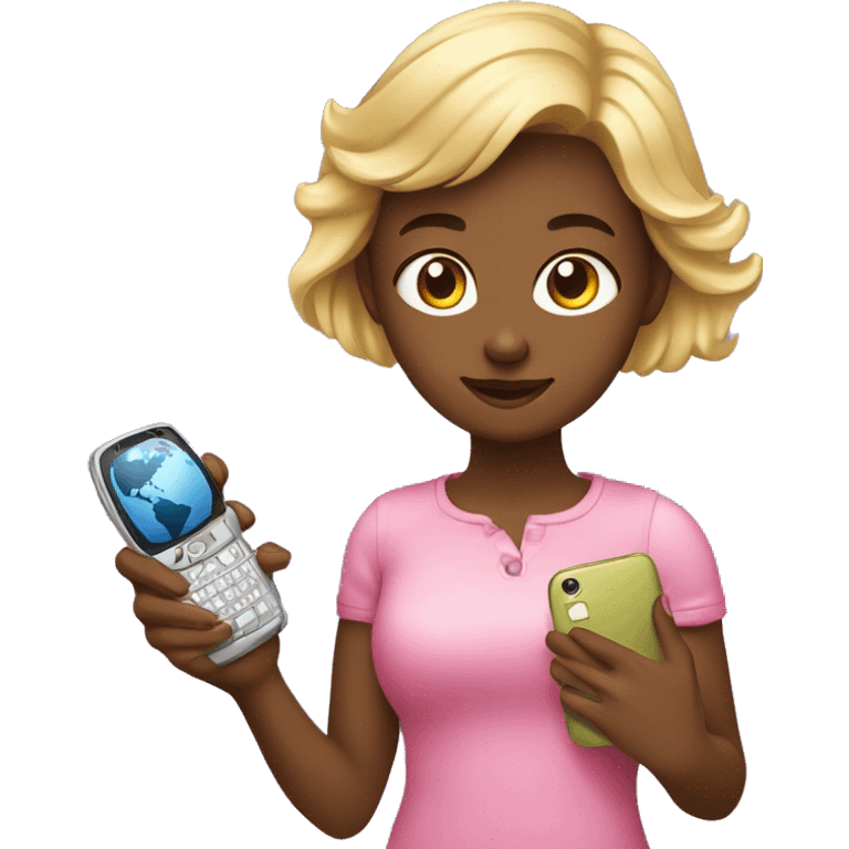 portrait emoji of a girly girl holding a phone and a globe with internet hovering above the phone  emoji