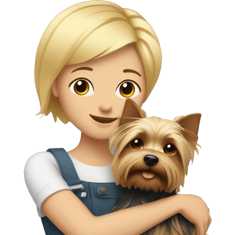 Blonde with short hair hugs a Yorkshire terrier emoji