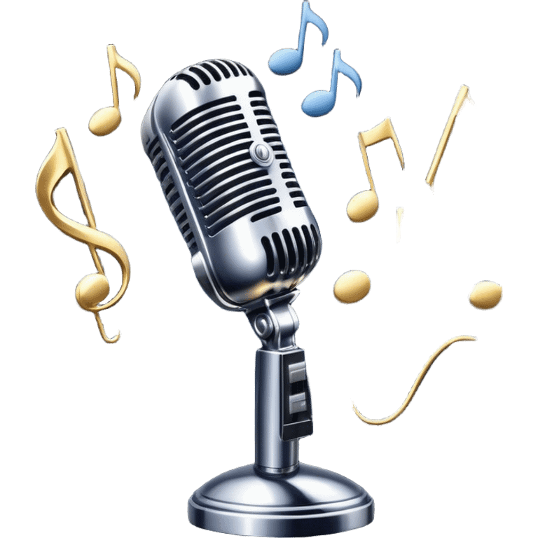 Create a dynamic and atmospheric emoji representing jazz vocal performance. The design should feature a classic, vintage microphone surrounded by flowing musical notes and soft, swirling sound waves to capture the smooth, improvisational essence of jazz. The microphone should have an old-school chrome finish, with subtle highlights that suggest its iconic, timeless quality. Include a background hint of a dimly lit jazz club or smoky stage to set the mood. Use deep, moody colors like midnight blue, gold, and black to evoke the intimate, soulful vibe of jazz vocals. The background should be transparent. emoji