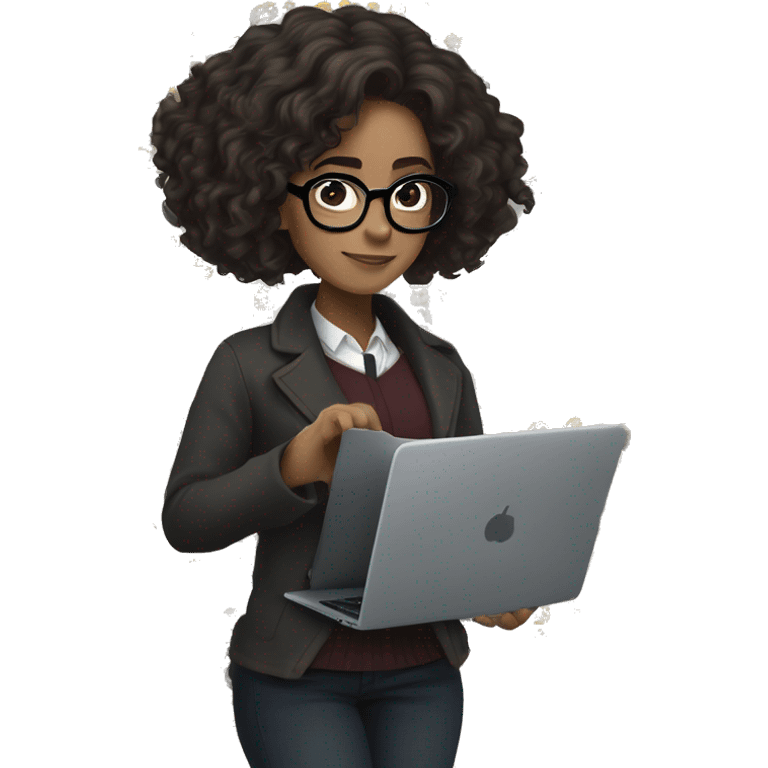 Hermione Granger with medium length, black curly hair, half-clutched, and specs, working on laptop emoji