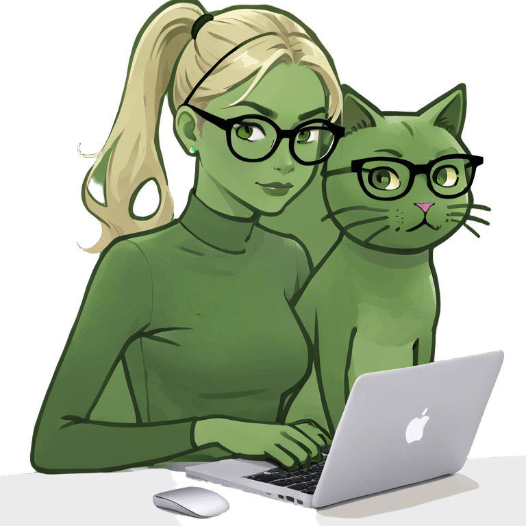 Blonde girl ponytail green eyes with macBook and a cat emoji