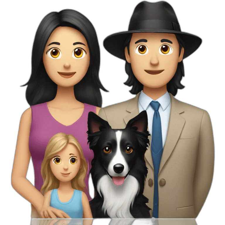 Family formed by a White man on hat and a White woman with long black hair and one small black dog border collie emoji