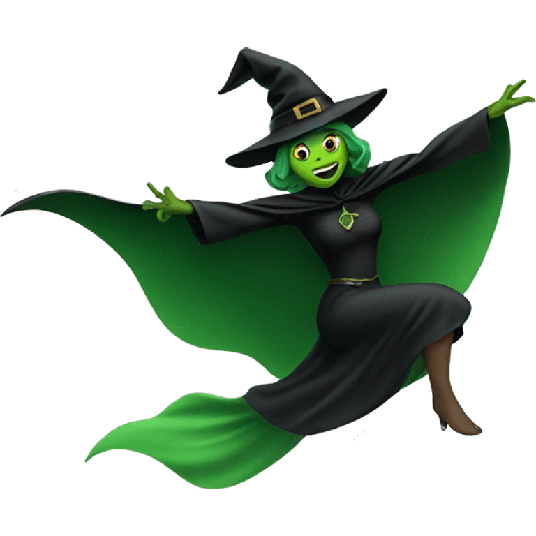 Flying green witch with black cape emoji