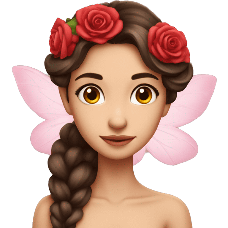 Beautiful, rose, fairy, red, flowers in hair, long dark brown hair, fair skin emoji