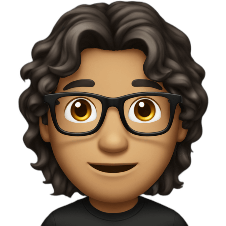 Caramel smiling man, dark brown eyes, black long wavy hair, no facial hair, thin and long nose, round glasses, black t shirt emoji