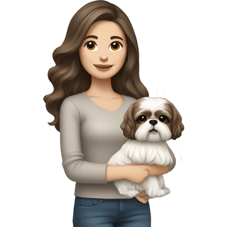 Young brunette hair woman with a cream shih tzu in her arms long wavy hair emoji