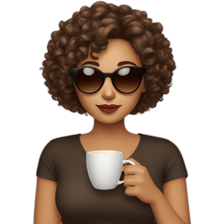 woman with curly short hair brown light skin and round sunglasses drinking tea emoji