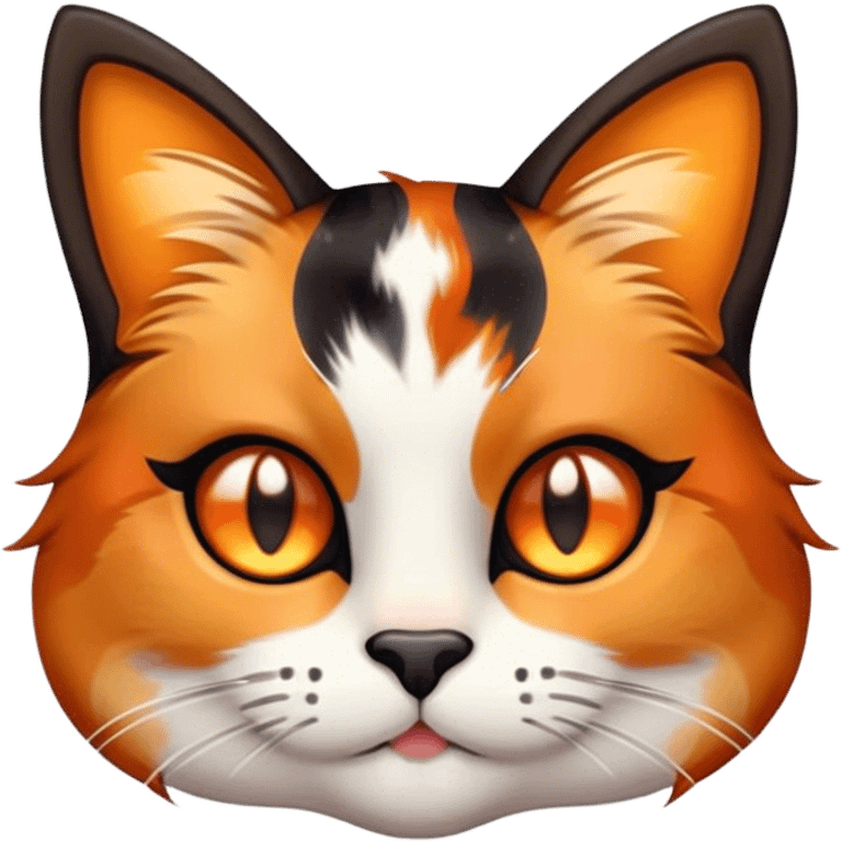 Cinematic Cute Calico Cat Portrait Emoji, Head tilted playfully with sparkling, inquisitive eyes and a charming patchwork fur of orange, black, and white, simplified yet irresistibly adorable, highly detailed, glowing with a warm, inviting glow, high shine, bubbly and affectionate, styled with a touch of whimsical feline charm, soft glowing outline, capturing the essence of a delightfully cute calico cat that looks as if it could prance off the screen into your heart! emoji