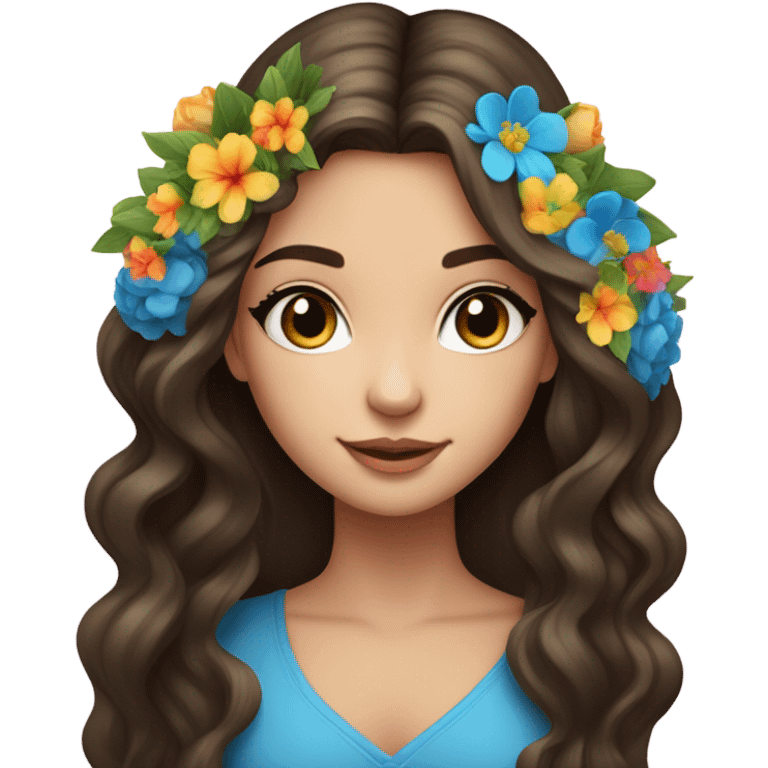 Wedding hair long with colourful florals beautiful finished brunette girl with blue eyes  emoji