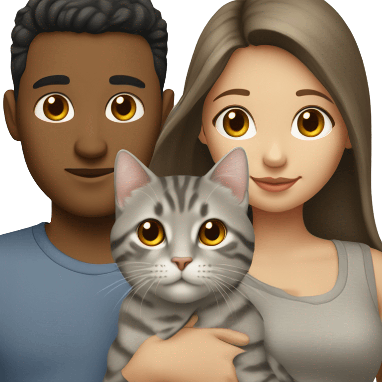 a brunette guy and a girl with light skin and a gray tabby cat between them emoji