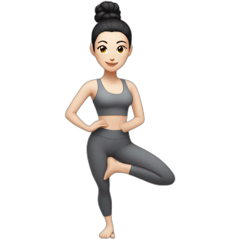 Pale skinned fit woman In a gray tight yoga suit and wristbands With black hair in a bun doing yoga emoji