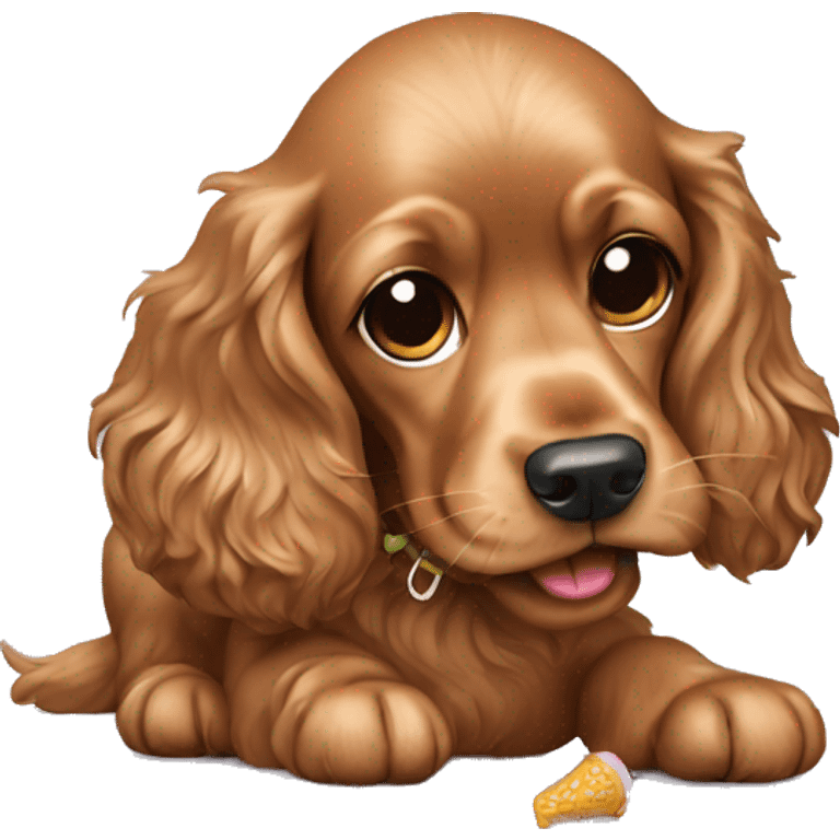 Light brown cocker spaniel eating a shoe emoji