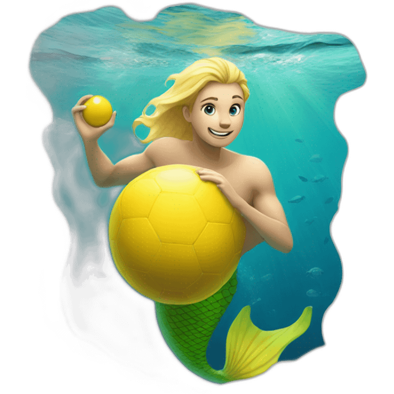 Underwater man blond mermaid swimming with fins, snorkel equipement, holding a small yellow ball, winning enthousiasm emoji