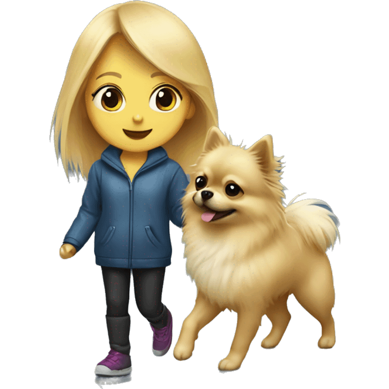 Blonde girl walking tiny pomeranian under the rain emoji