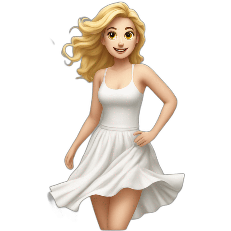 Hyperrealistic Full body Caucasian curvy beauty jumping white skirt back and front views strong wind emoji