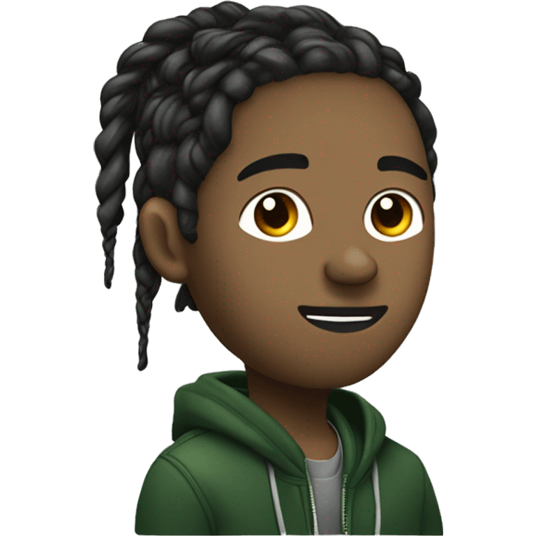 Side profile of a hip hop artist with braids. He has an arm extended down, holding a mic. He's wearing a very dark green jacket.  emoji