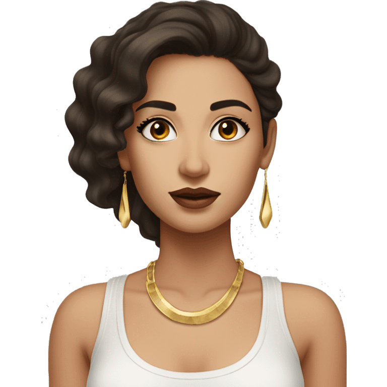 woman with long wavy dark brown hair, big dark brown eyes with thick eyelashes, thick round lips wearing a white tank top and gold earrings white sking and she is young and the hair is between wavy and straight emoji