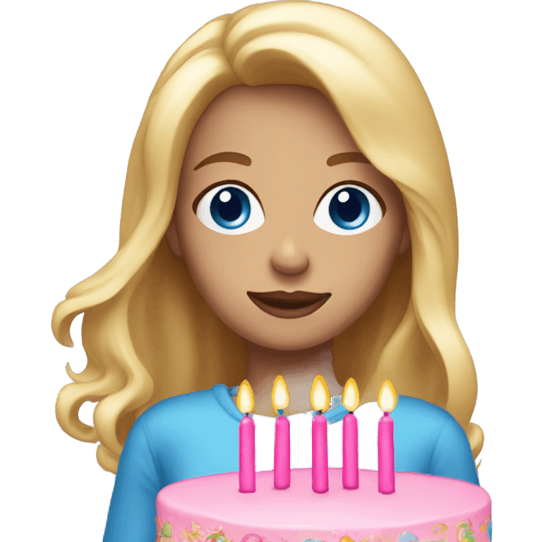 Woman with long blonde hair and blue eyes holding a pink birthday cake  emoji