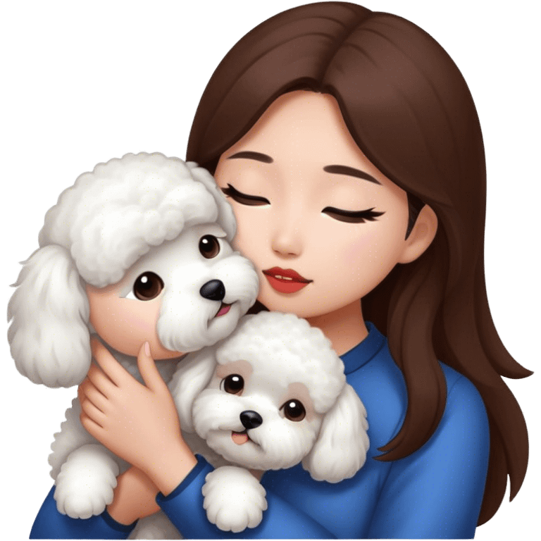 Asian girl with long brown hair kissing a white bichon emoji