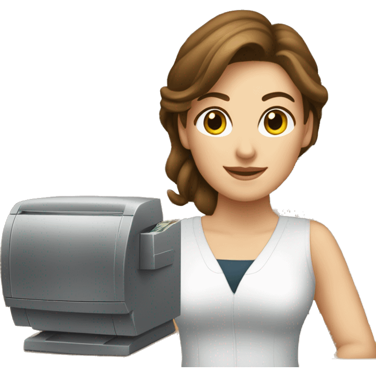 cashier (white female, brown hair, white gold earrings) in front of cash registry, apple-style emoji