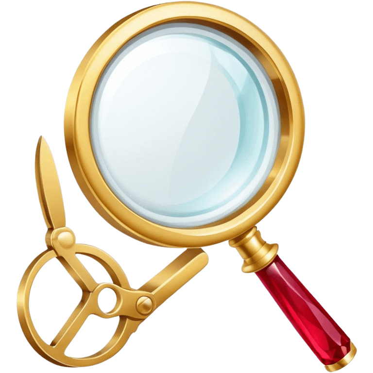 Jewelry art icon, golden ring with a ruby viewed through a magnifying glass, visible pliers beside it, minimalistic style, clean lines, transparent background. emoji