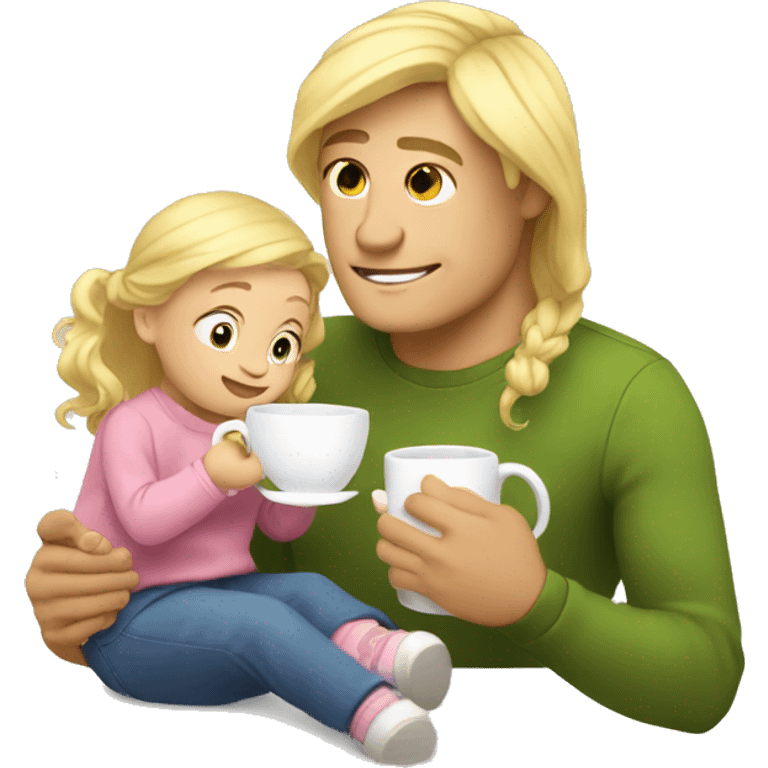 blonde dad drinks tea with his babydaughter emoji