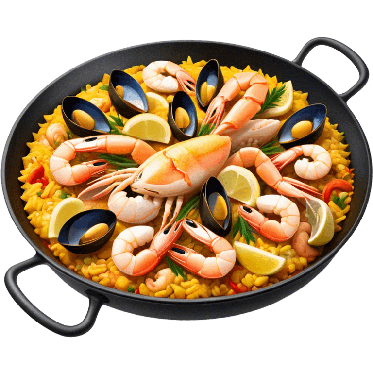 Cinematic Realistic Paella Dish Emoji, depicted as a vibrant, aromatic rice dish loaded with seafood, chicken, and saffron rendered with rich textures and dynamic, warm lighting. emoji