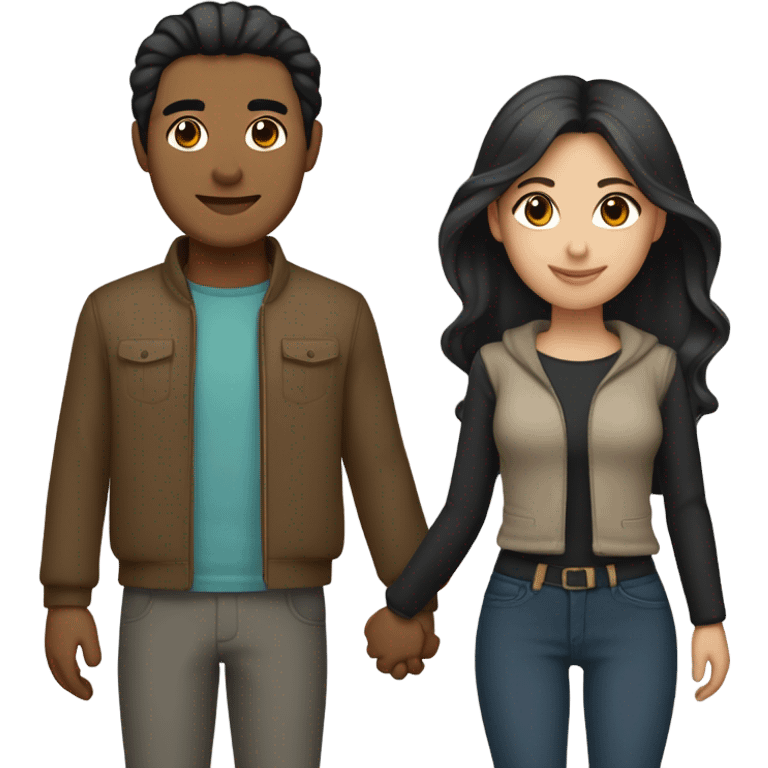 a couple holding hands. the guy has black middle part hair and is Persian and Filipino mix, wearing a jacket. the girl has brown hair white and asian mix, wearing a crop top. emoji