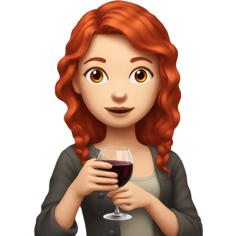 Portrait of a red-haired girl who drinks red wine with cat emoji