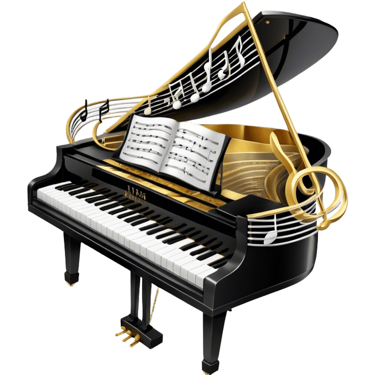 Create an elegant and festive emoji collage representing keyboard instruments, styled like a heraldic emblem. The design should feature a central focal point of black and white piano keys, arranged in a semi-circular or shield-like shape. Around the piano keys, add intertwining musical notes that form flowing ribbons, creating a dynamic and celebratory atmosphere. The design should be professional, with polished silver and gold accents on the keys and notes, highlighting the luxury and sophistication of the instruments. Add subtle shading and lighting effects to give the design a refined, 3D appearance. The background should remain transparent, and the overall feel should evoke grandeur, artistry, and a sense of celebration. emoji