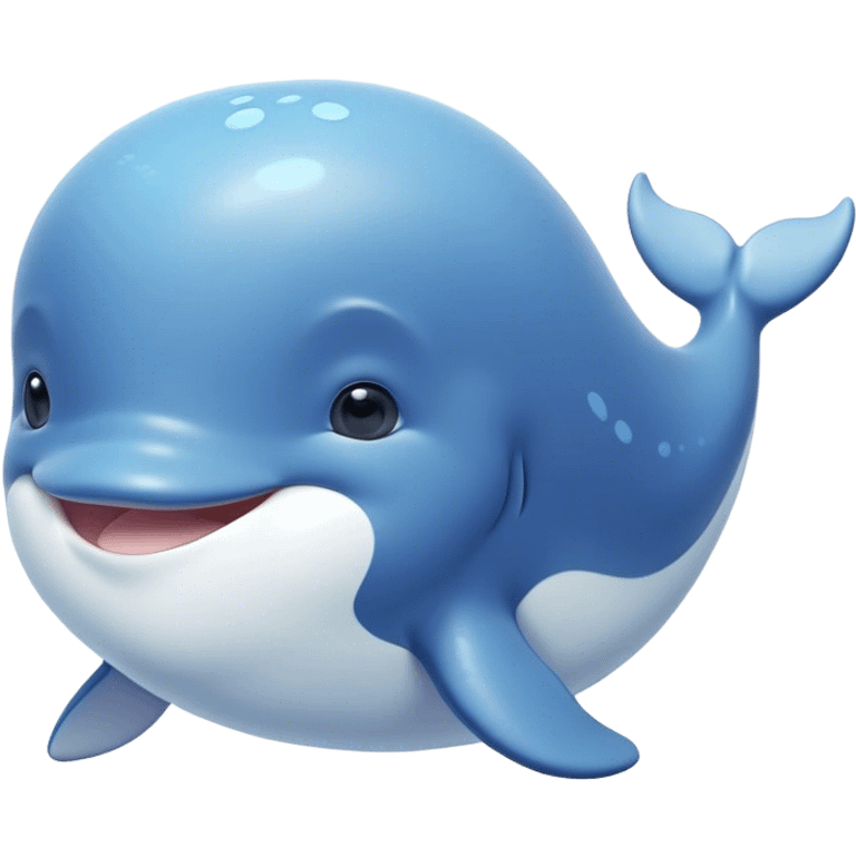 Cinematic happy baby whale, chubby rounded body, tiny smiling face, soft pastel blue hues, gentle glowing waves around, joyful and soothing. emoji