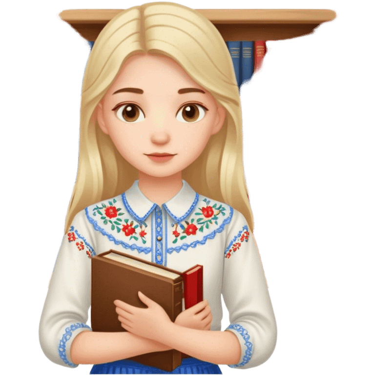 A Ukrainian girl in an embroidered shirt holds many books emoji