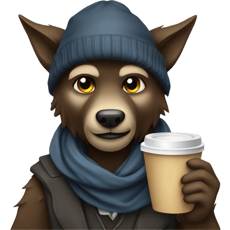 nice werewolf with a beanie reading a book and drinking a coffee to go  emoji