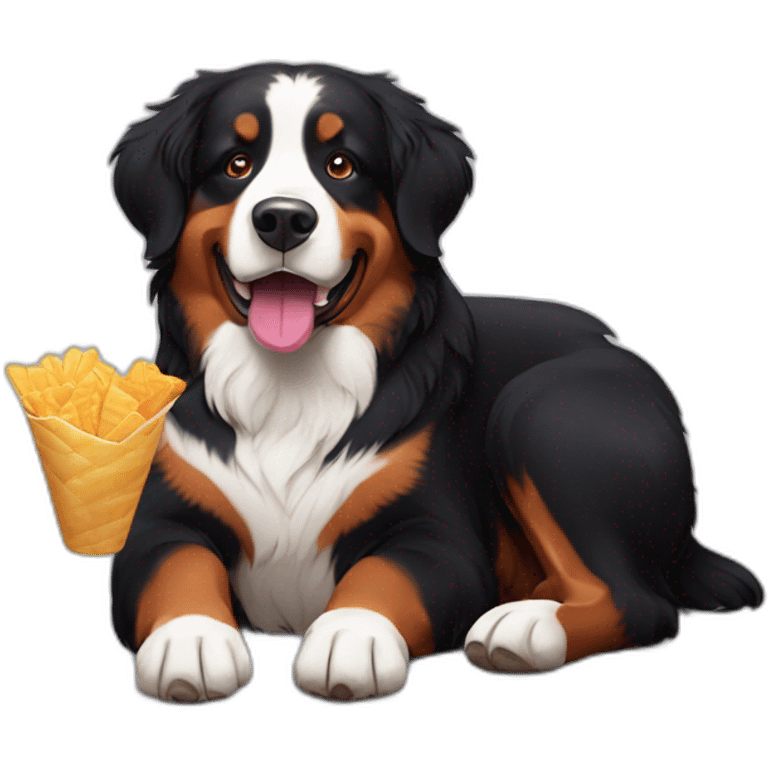 Bernese mountain dog eating an chips and drinking wine emoji