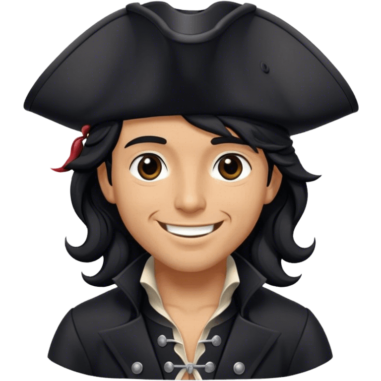 A charismatic pirate with wavy black hair, wearing a black tricorn hat and a sleek black coat with silver buttons, smiling confidently. emoji