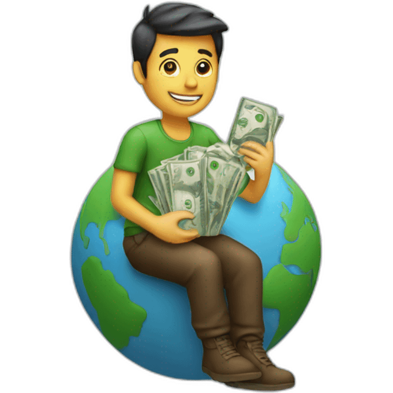 man sitting on globe with money bag emoji