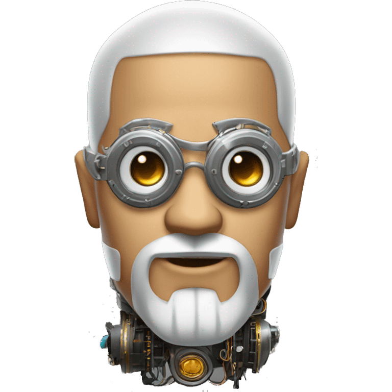 Tan bald male Latino cyborg head with grey beard, silver steampunk monocle goggles and circuits emoji