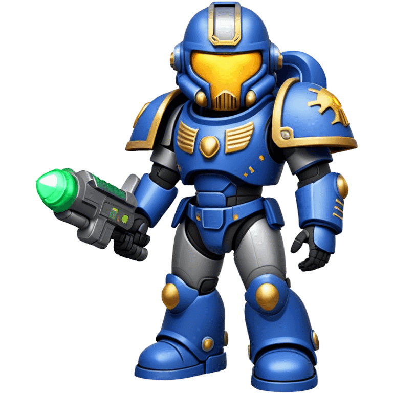 Clash of Clans aesthetic: Cinematic Playful Space Marine Hero Emoji, rendered in a 3D vector-style similar to standard emojis with minimal shading and bold, simplified shapes. A compact, heroic isometric figure clad in futuristic power armor with signature energy accents, softly glowing with a cosmic battle charm. Simplified yet unmistakably iconic, highly detailed and consistent, glowing with a soft radiant shine and high gloss. Stylized with a touch of interstellar valor and a soft glowing outline, capturing the essence of an elite space warrior with a friendly, playful manner! emoji