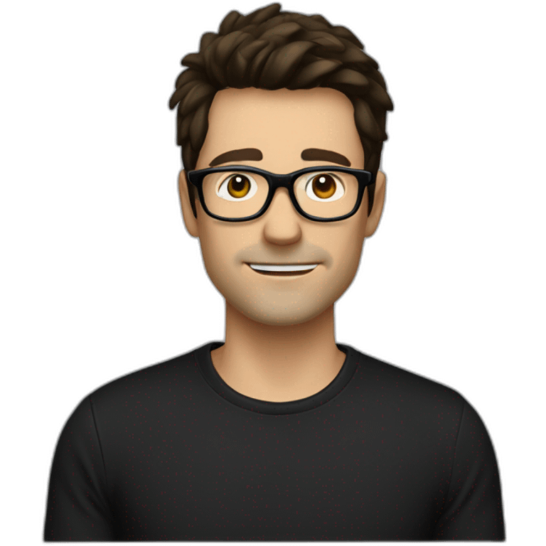 a slim white man with messy short dark brown hair, with a black t-shirt, black rectangular glasses emoji