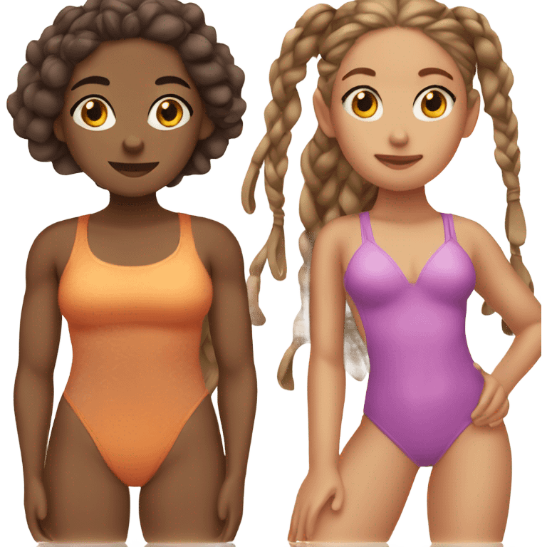 2 girls, one with caramel colored skin, one with darker skin and braids, in swimsuits emoji