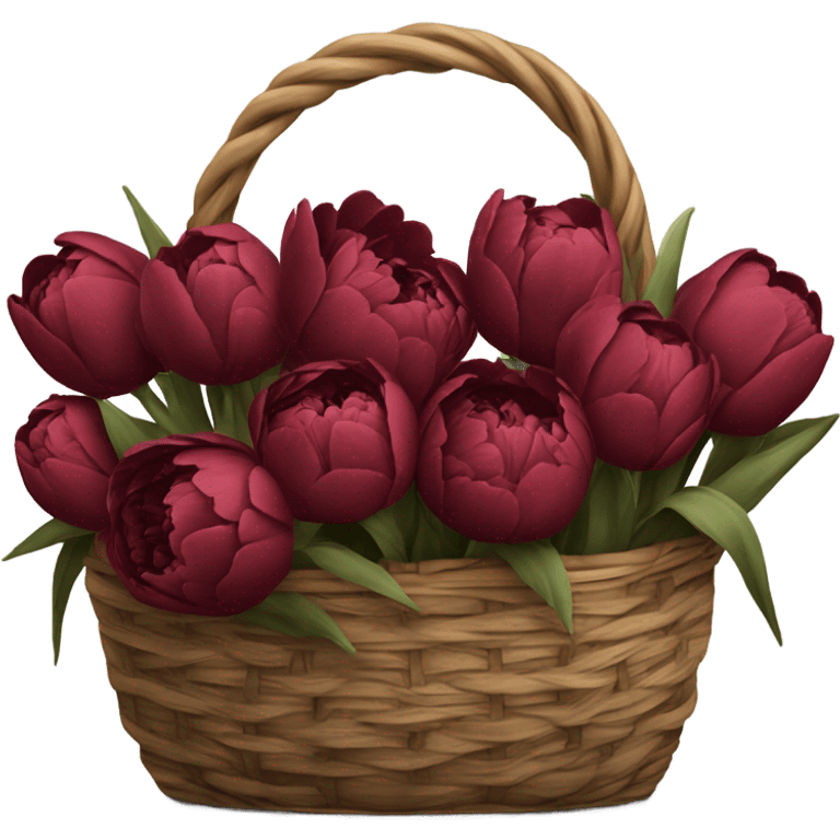 a large black basket of flowers consisting of dark red peonies in shades of burgundy and tulips in shades of red emoji