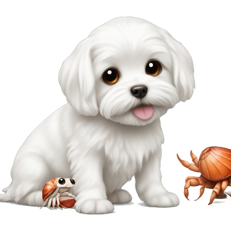 Adorable white Maltese posing with adorable hermit crab emoji