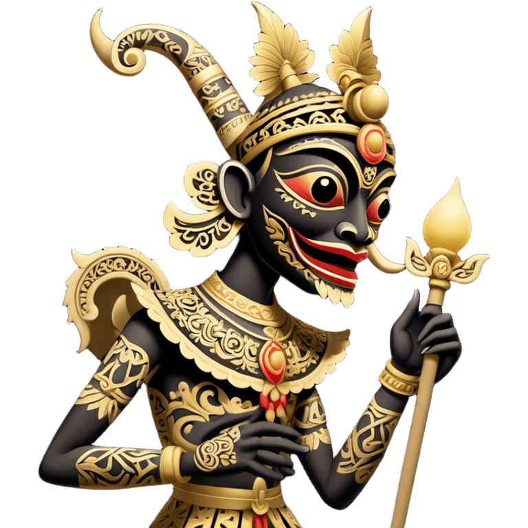 Wayang – Cinematic Realistic Wayang, depicted as intricately carved traditional Indonesian shadow puppets with expressive features and vibrant cultural motifs, set against a dark, dramatic backdrop with subtle glowing highlights that evoke the mystical art of shadow play. emoji