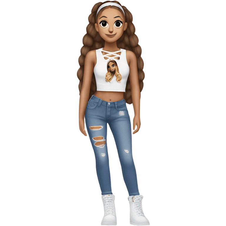 Ariana grande in a plush lace up croc top and short jeans  emoji