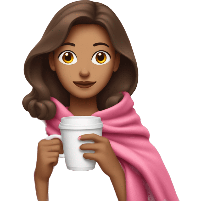 Brunette Drinking coffee wrapped in pink blanket emoji