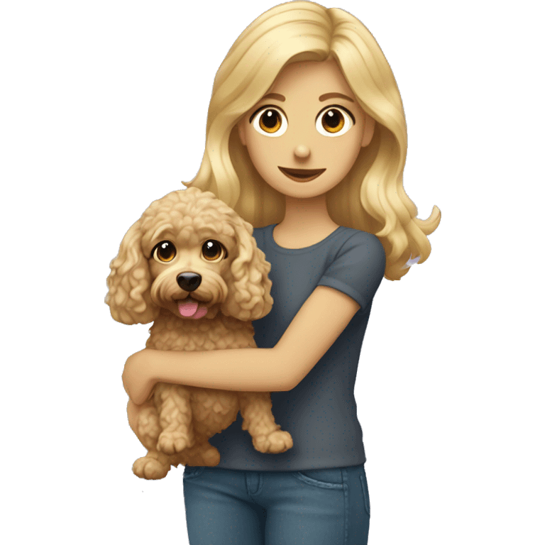 Blonde girl holding curly cockapoo dog emoji