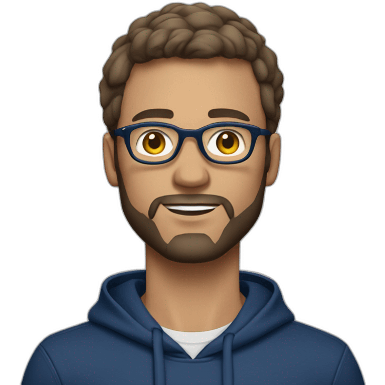 Brown short hair white man with a beard and round glasses typing on apple computer wearing a dark blue nike hoodie emoji