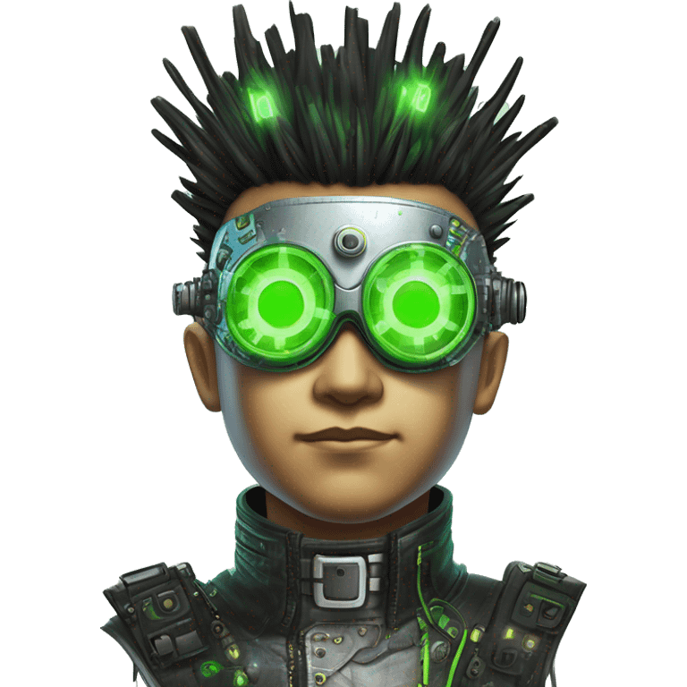 Mohawk hair with neon green highlights Asian male cyborg head with neon silver steampunk goggles and circuits emoji