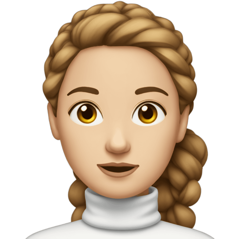 White woman with brown hair in bun wearing a turtleneck that is white emoji